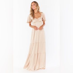Show Me Your Mumu Nicole Maxi Dress in Champagne Luxe Satin - Size L